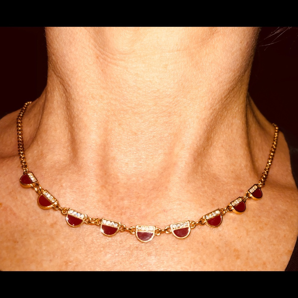 Fossil Red & Crystal Accent Gold Tone Necklace